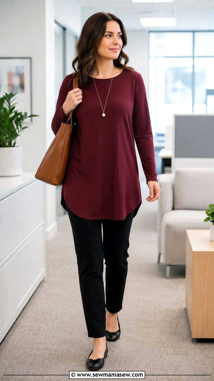 Black Ponte Pants with Long Tunic Top and Ballet Flats - 30 Modest outfit ideas for working mom