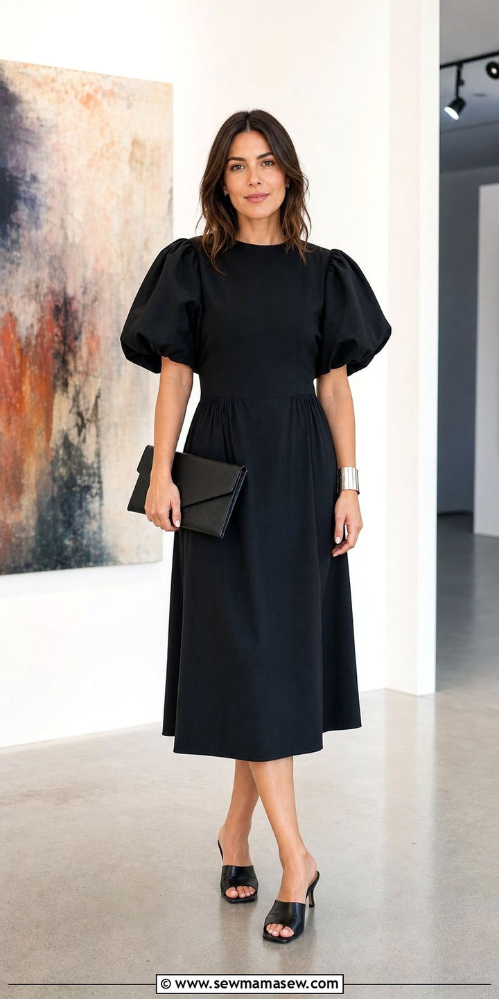 Black Puff Sleeve Dress With Mules - 25 summer black dress outfit ideas