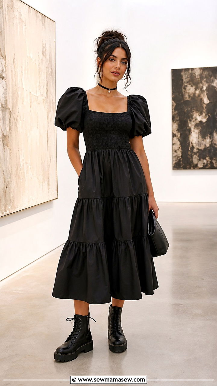 Black Puff Sleeve Midi Dress With Chunky Boots - 40 grunge outfits ideas