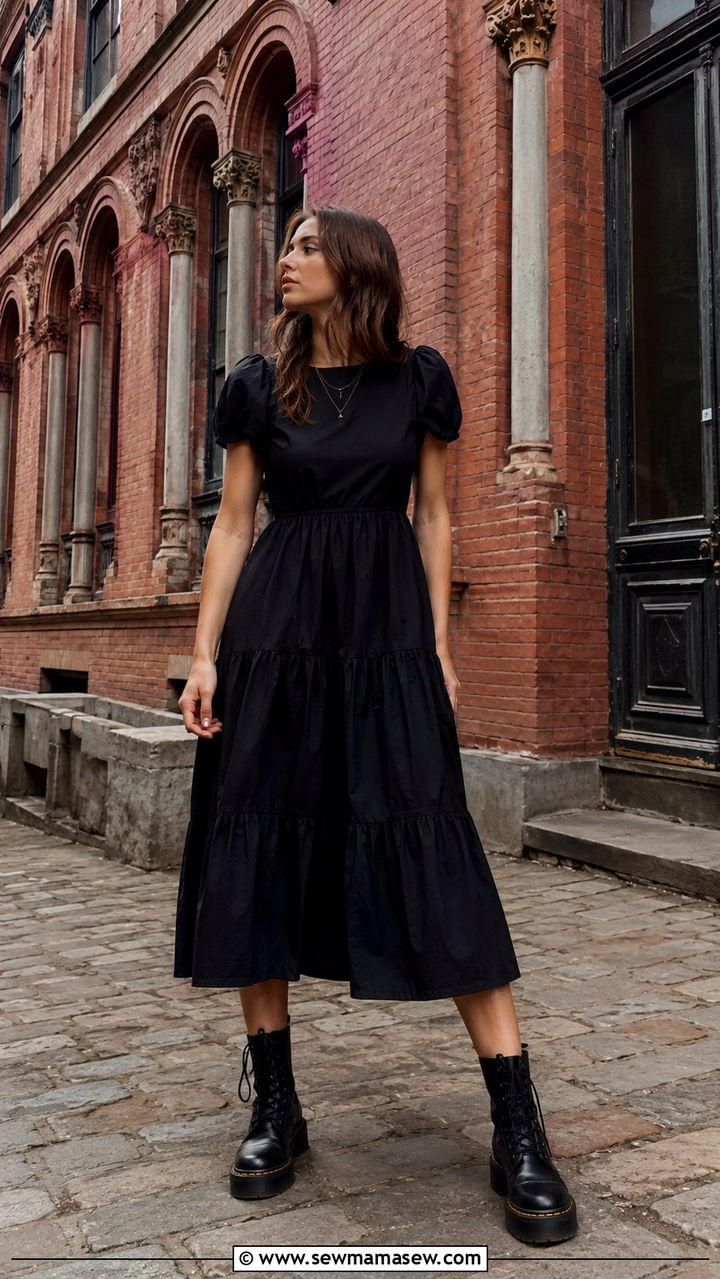 Black Puff Sleeve Midi Dress and Combat Boots Grunge Outfit - 20 grunge capsule wardrobe outfits