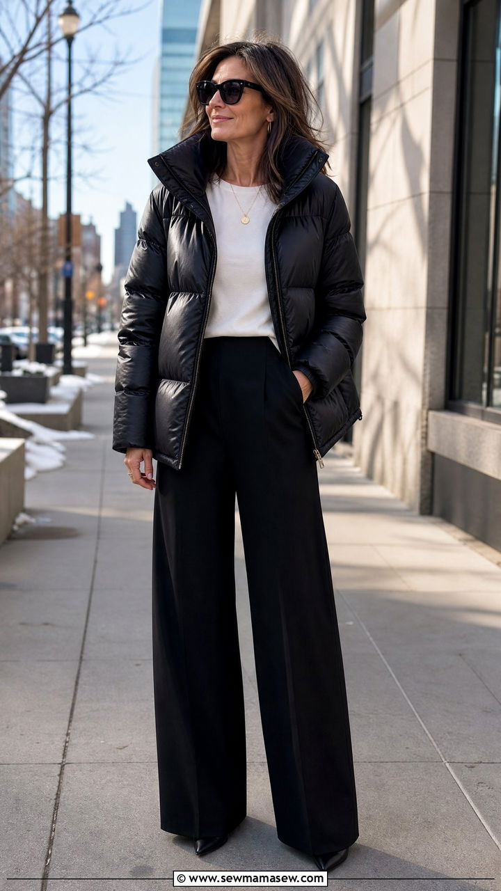 Black Puffer Jacket and Wide Leg Pants Outfit - 30 Cute outfits for women over 40