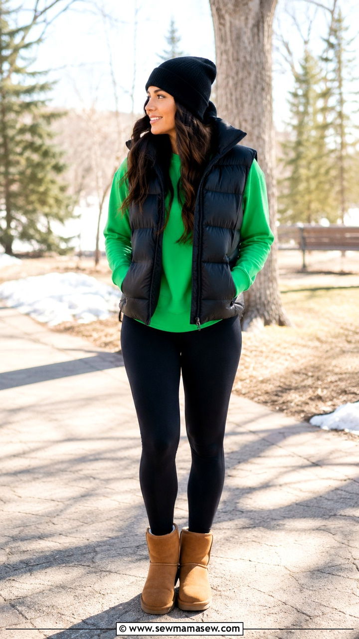 Black Puffer Vest With Green Top And UGG Boots - 25 Puffer jacket outfit ideas cute