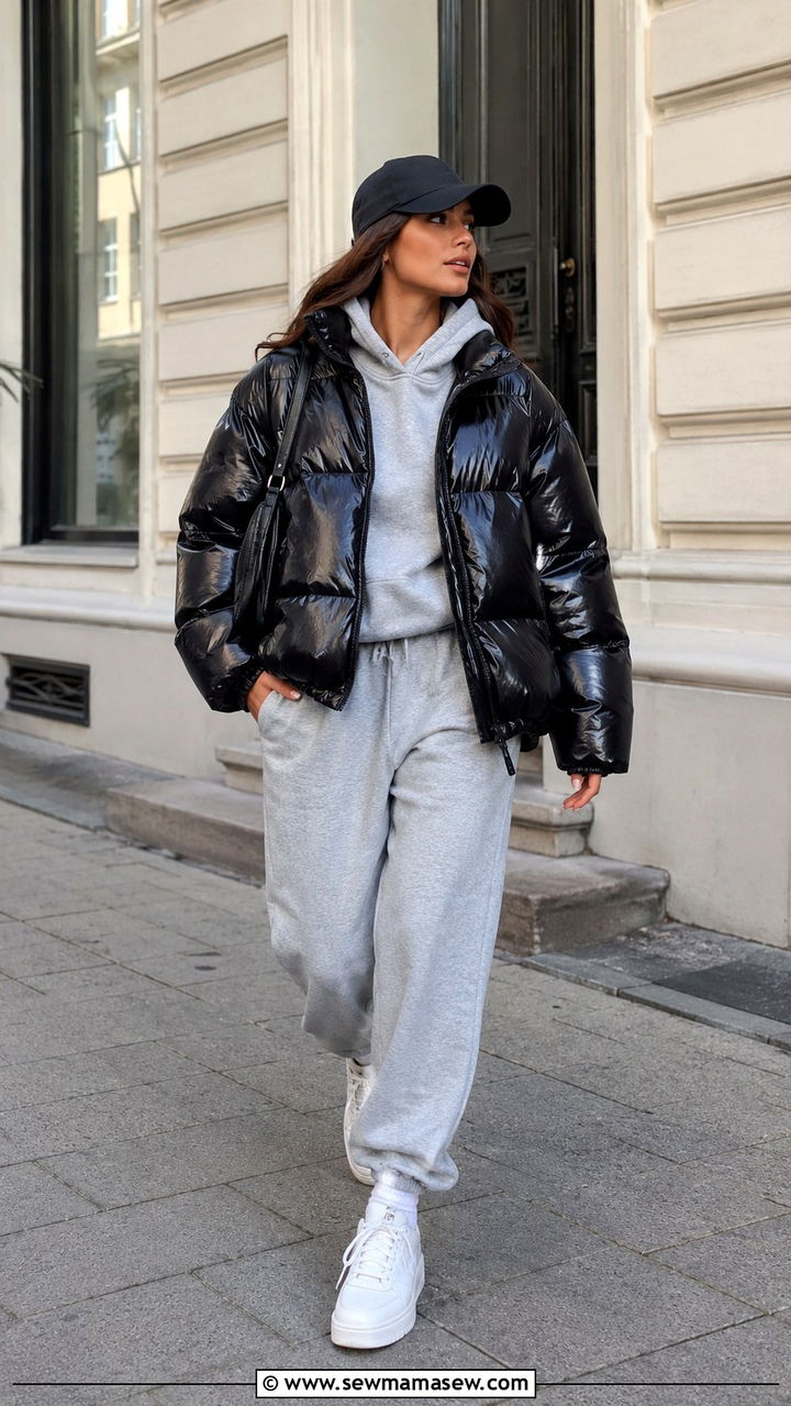 Black Puffer With Gray Sweatsuit And White Sneakers - 25 Puffer jacket outfit ideas cute