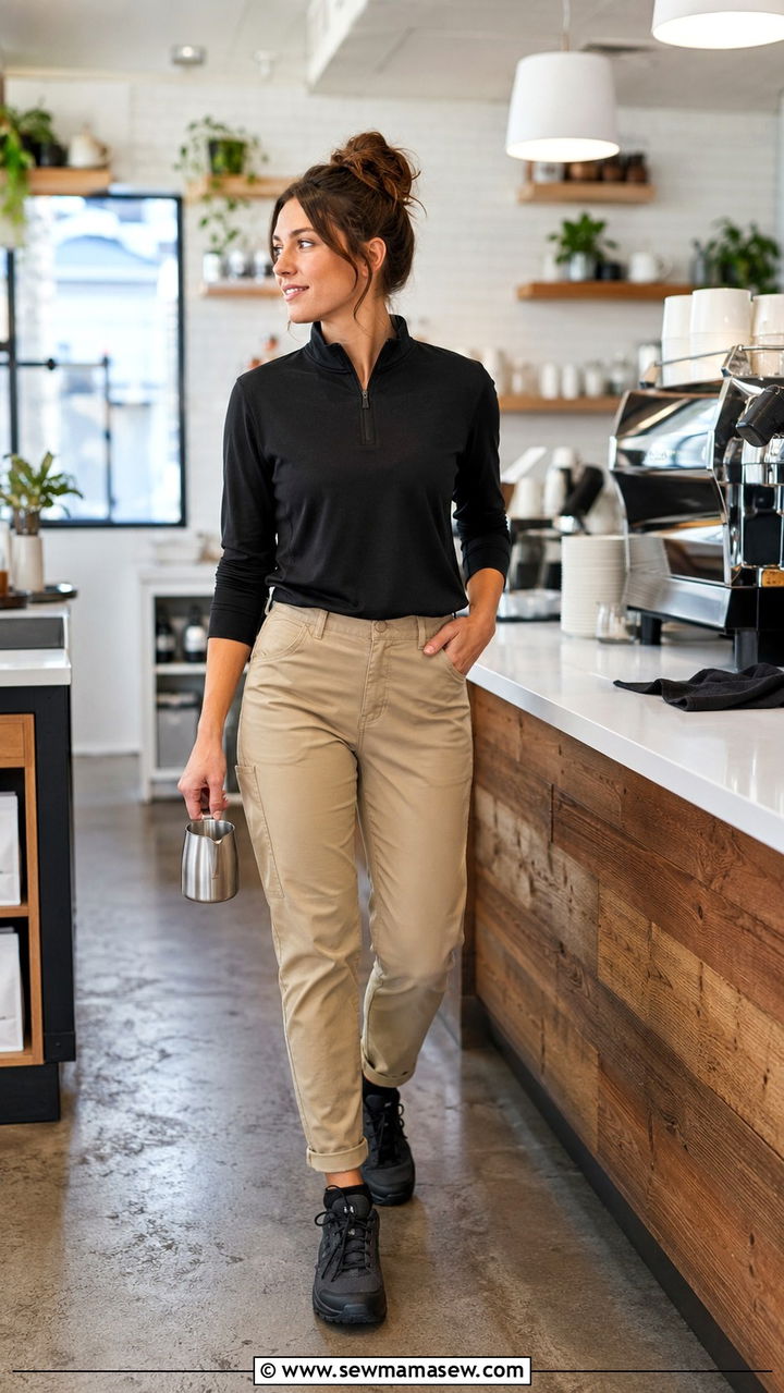 Black Quarter Zip Pullover with Khaki Pants and Trail Sneakers - 30 Spring outfit ideas for barista