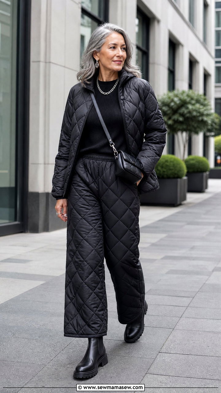 Black Quilted Puffer Matching Set With Chelsea Boots - 30 Matching set outfit ideas for women over 40