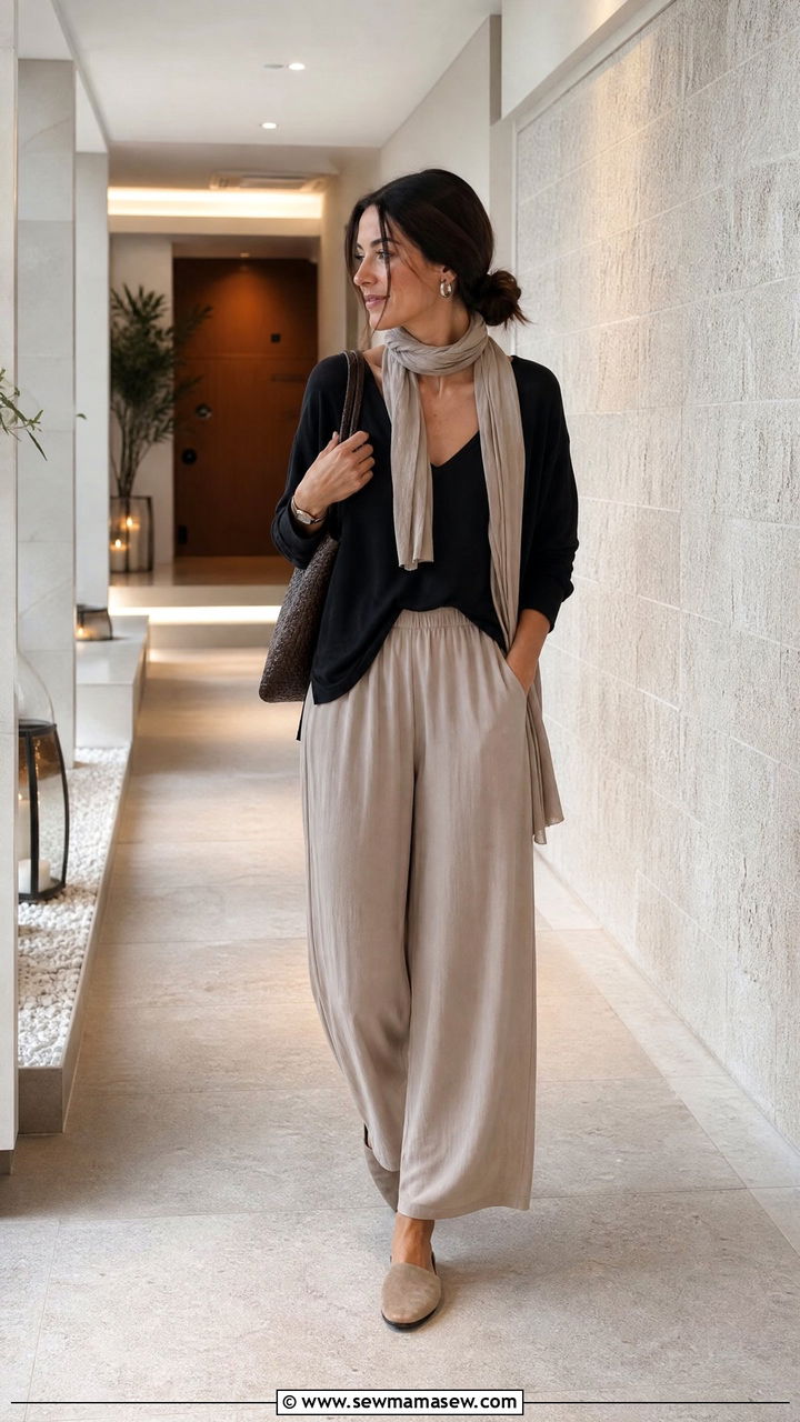 Black Relaxed Top With Beige Wide Leg Pants - 30 Cozy spa day outfit ideas