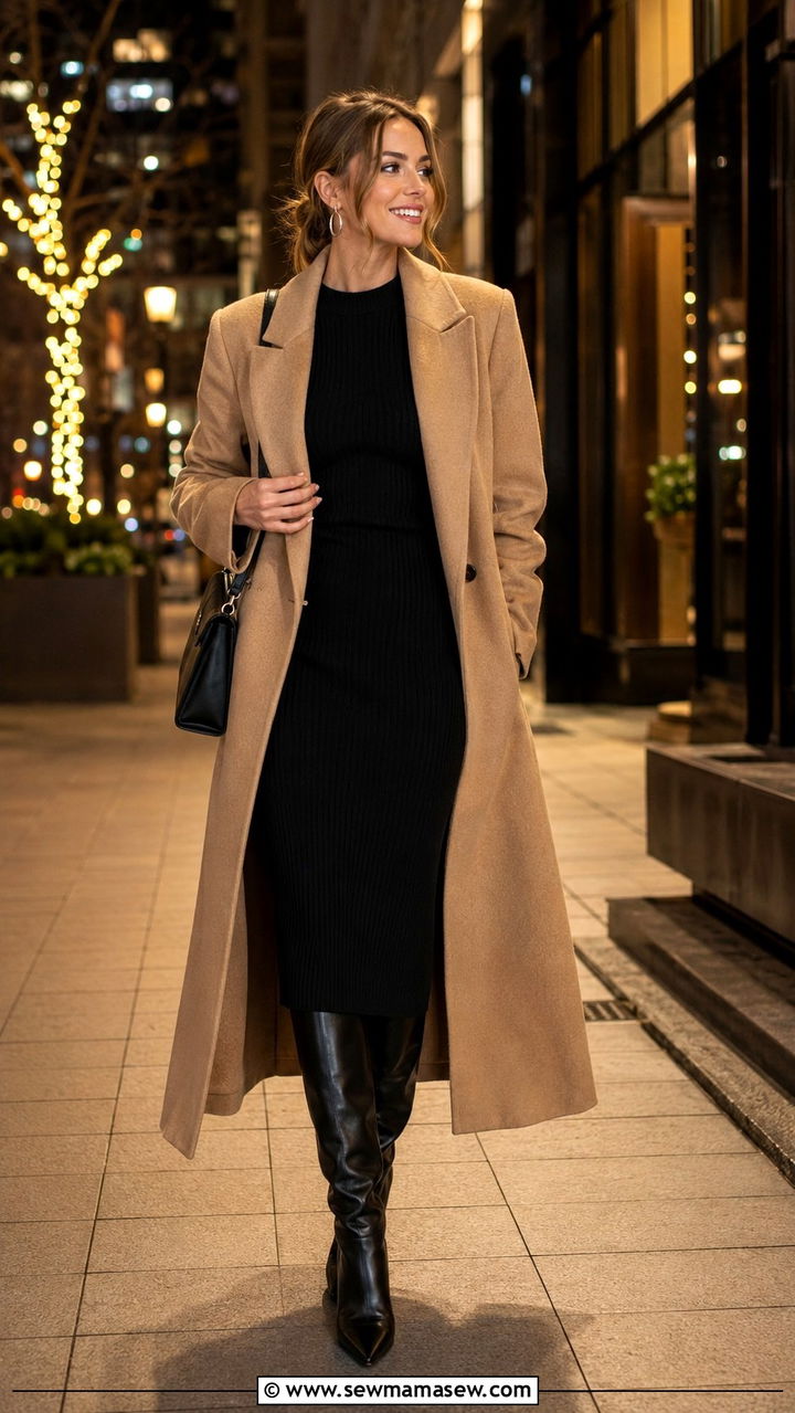 Black Ribbed Knit Midi Dress with Pointed Boots - 30 classy aesthetic outfits