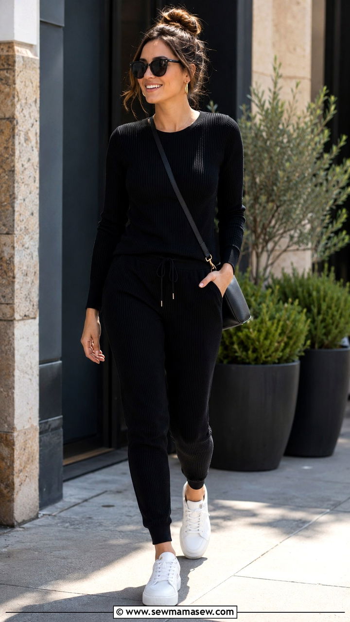 Black Ribbed Lounge Set With Sneakers - 25 Minimalist loungewear outfit ideas