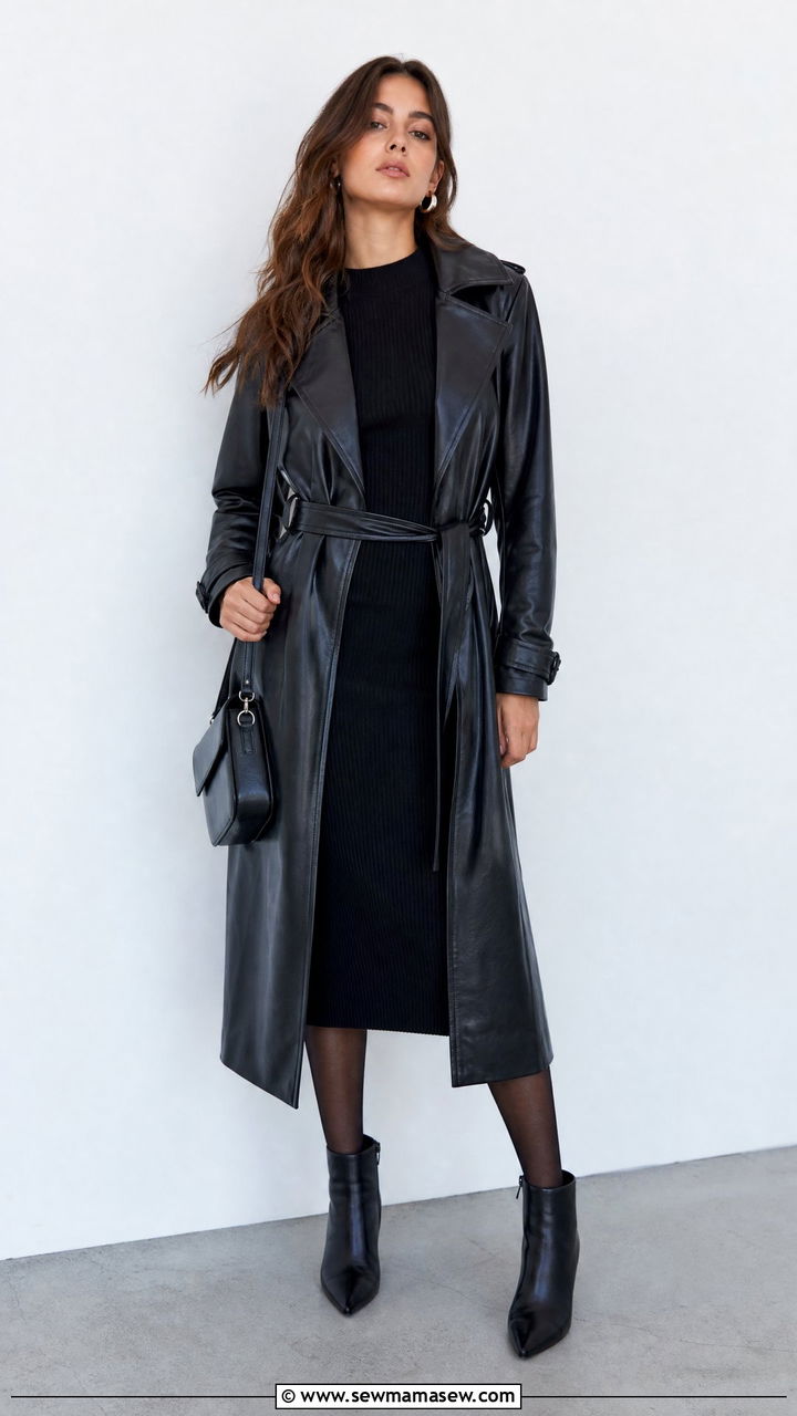 Black Ribbed Midi Dress and Leather Trench Coat - 25 classy grunge outfits