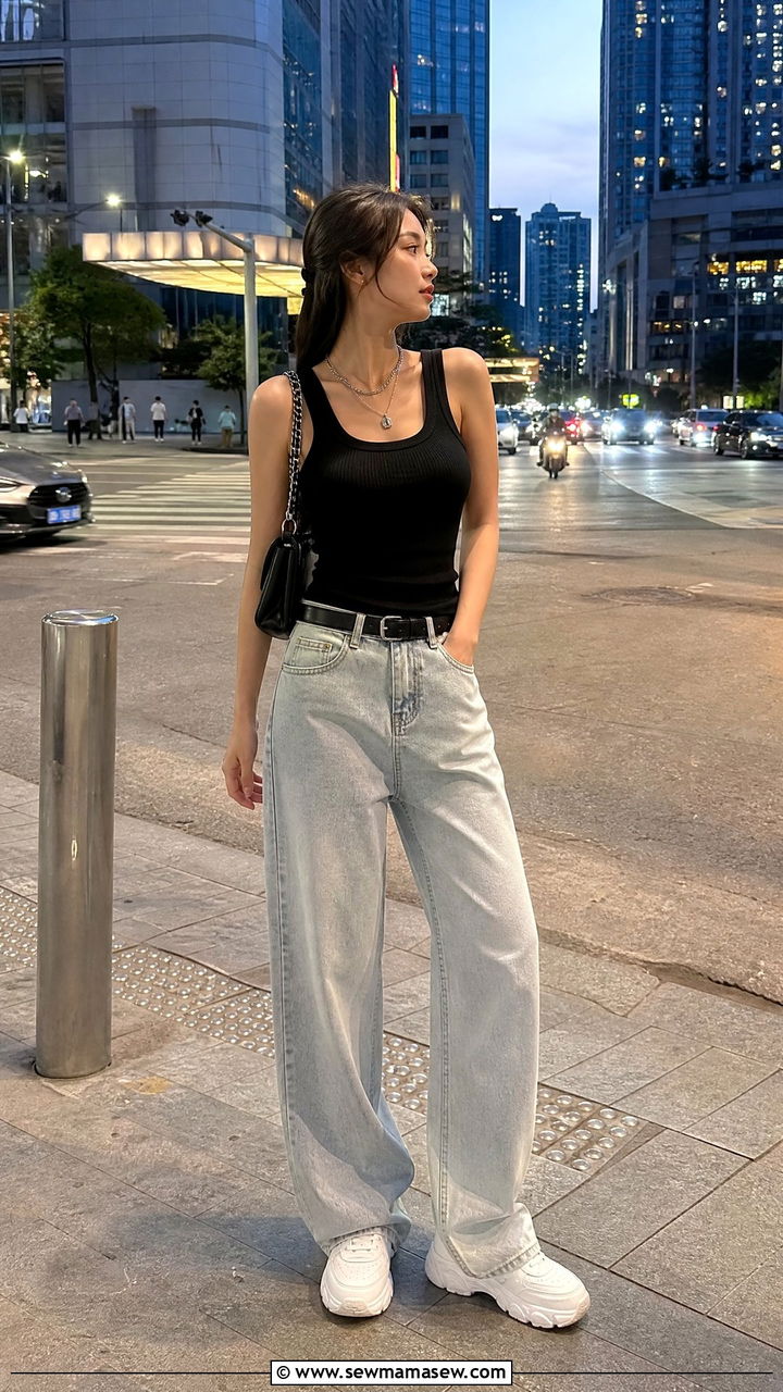 Black Ribbed Tank Top with Light Wash Wide Leg Jeans - 25 Bangkok outfit ideas