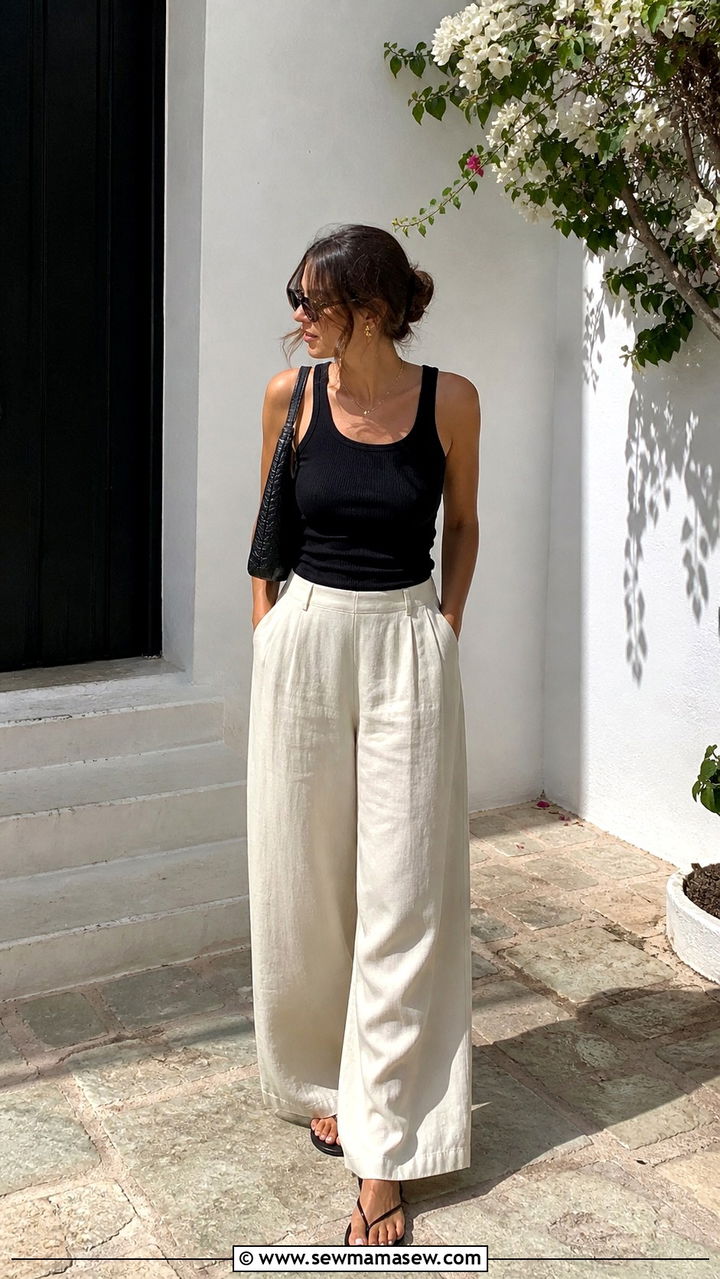 Black Ribbed Tank and Cream Linen Trousers - 40 summer minimalist outfits