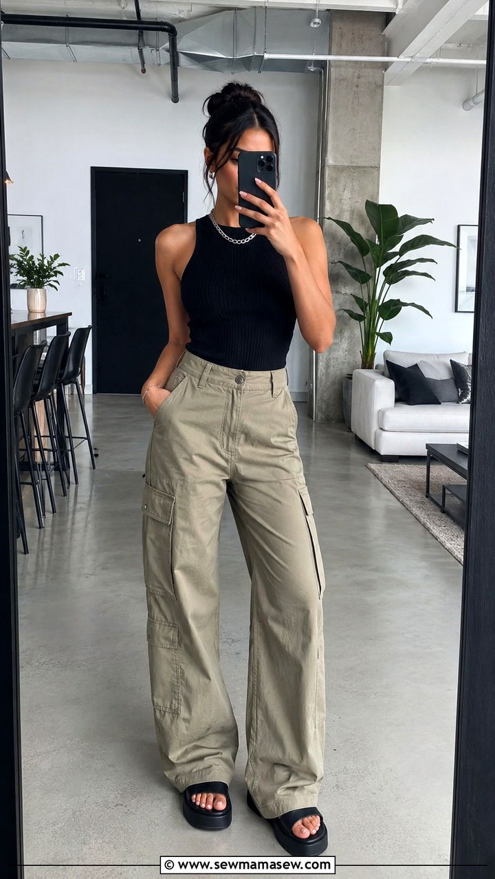 Black Ribbed Tank and Khaki Utility Cargo Pants Outfit - 30 Mid summer outfits