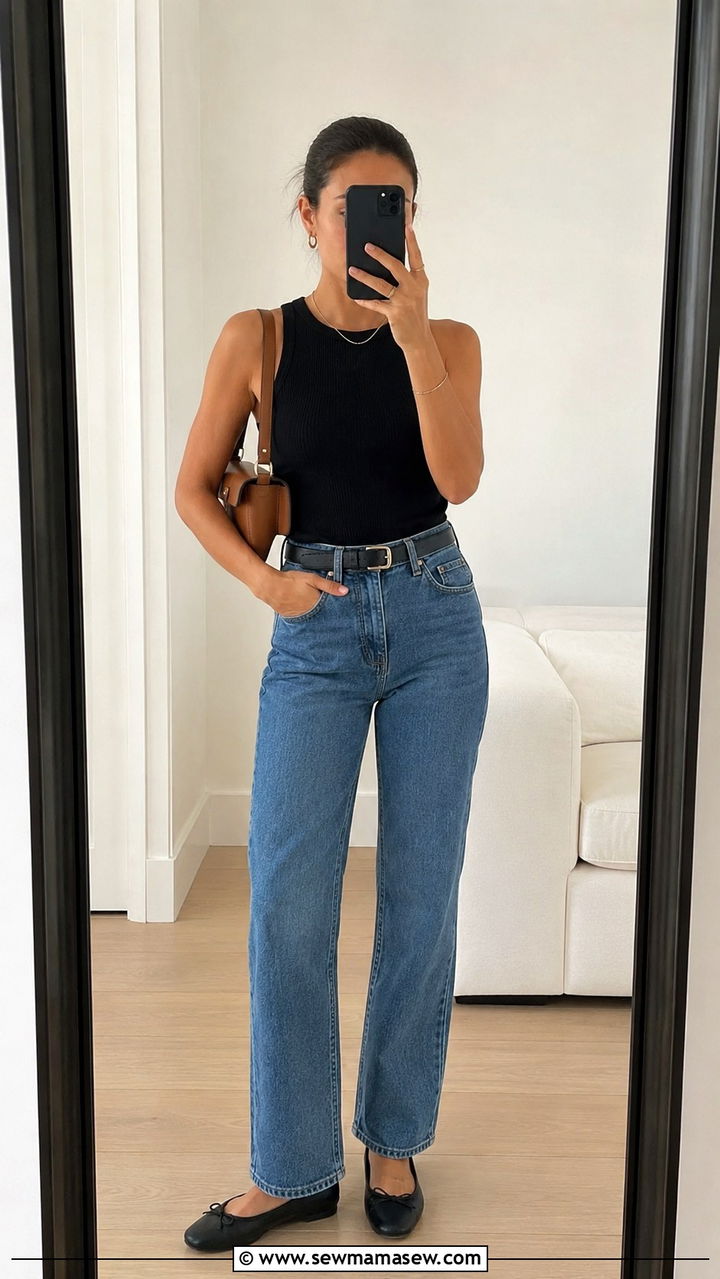 Black Ribbed Tank and Straight Leg Jeans - 30 Minimalist outfit ideas summer 2026