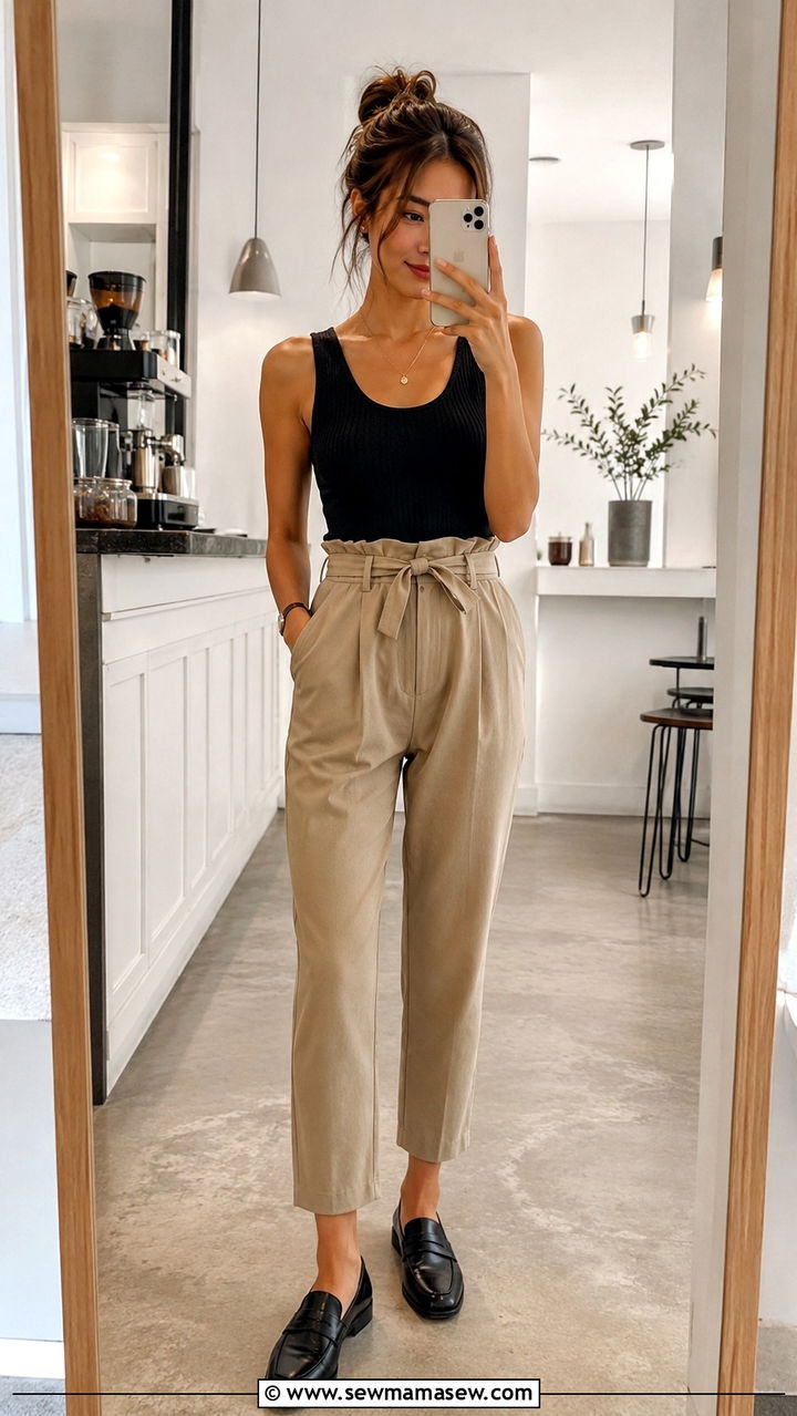 Black Ribbed Tank with Paperbag Waist Trousers and Loafers - 30 Spring outfit ideas for barista