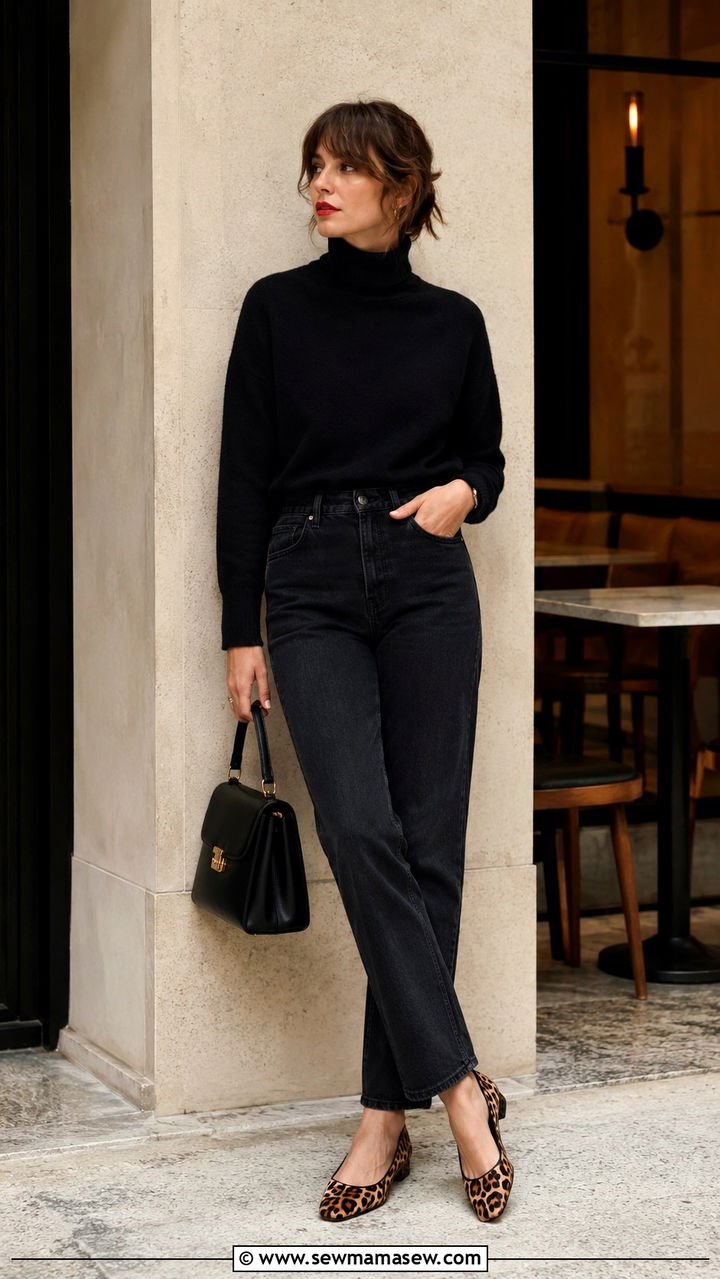 Black Roll Neck Sweater With High Waisted Jeans And Leopard Flats - 30 classy French girl outfits