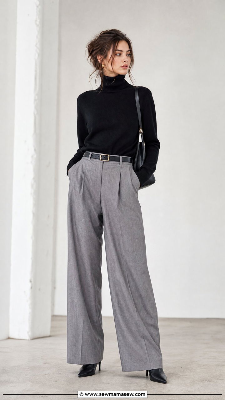 Black Roll Neck Sweater and Grey Tailored Trousers - 30 model off duty outfits for women