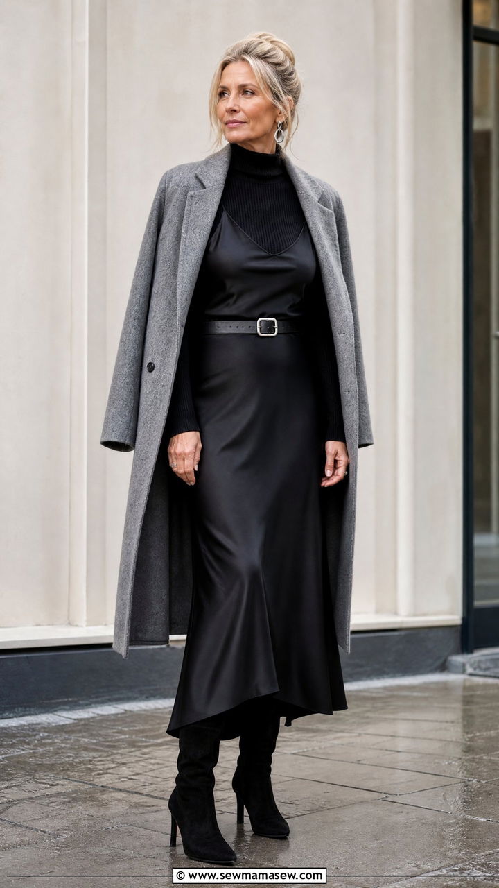 Black Roll Neck Under a Slip Dress with Knee High Boots - 30 scandinavian outfit ideas for women over 40