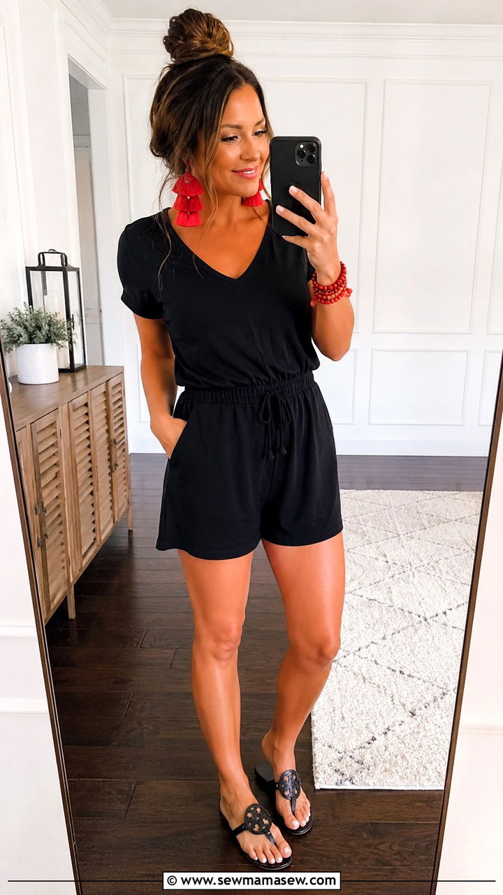 Black Romper with Red Statement Earrings - 20 Gameday outfit ideas Georgia