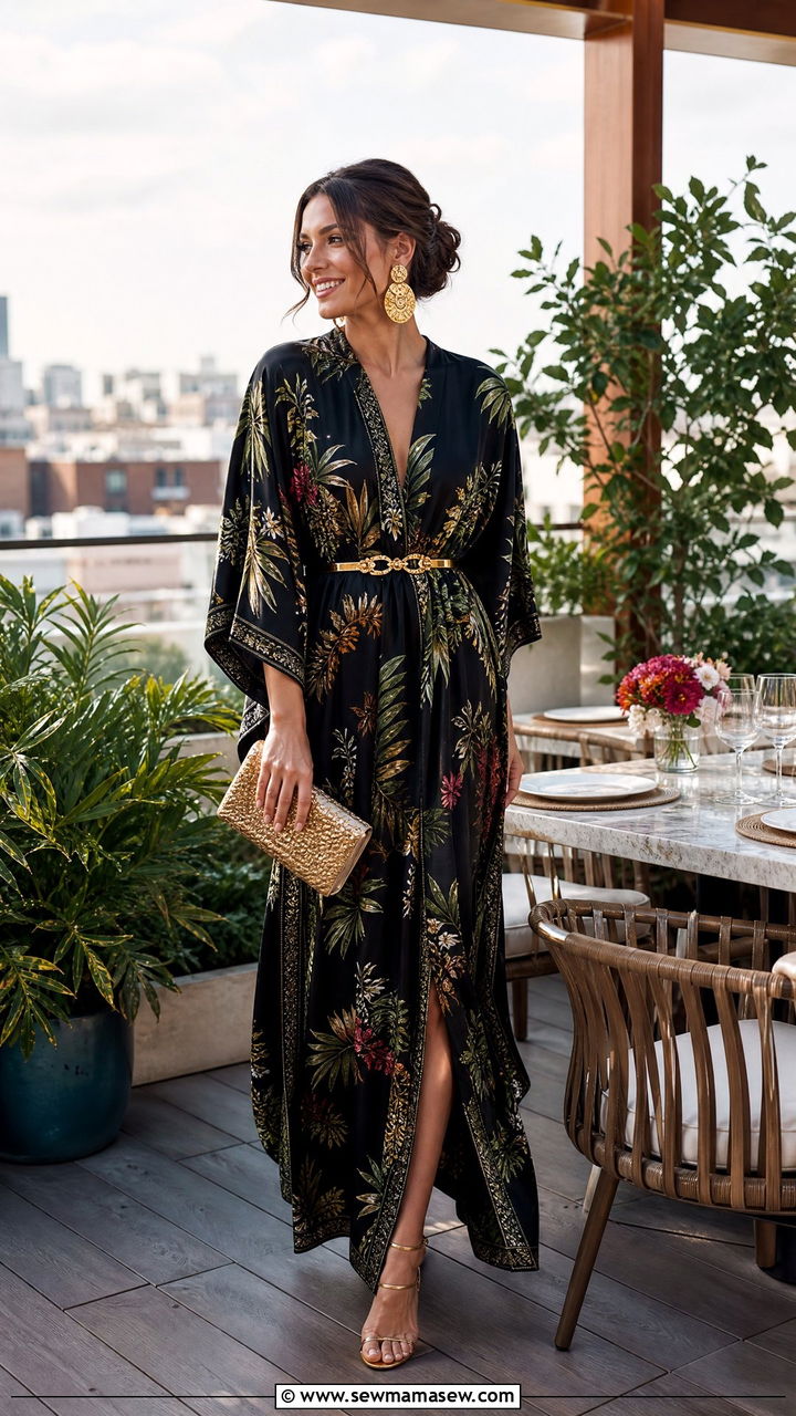 Black Satin Kaftan With Statement Earrings - 30 Galentine's Day outfit ideas