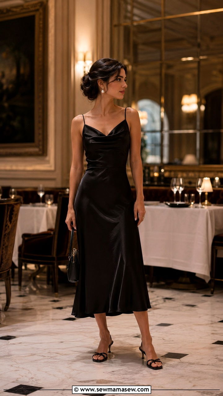 Black Satin Midi Dress With Pearl Earrings - 30 Old money outfits for petite women