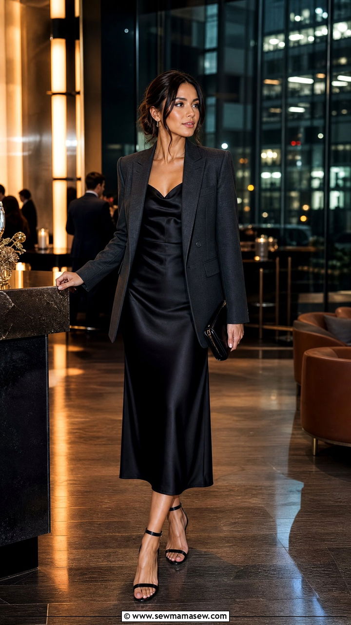 Black Satin Midi Dress With a Structured Blazer - 30 Formal office outfit ideas