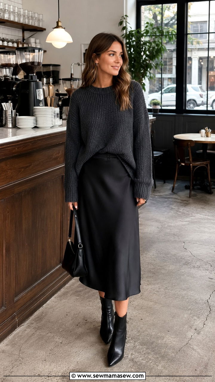 Black Satin Midi Skirt With Chunky Knit Sweater and Ankle Boots - 30 Satin midi skirt outfit ideas