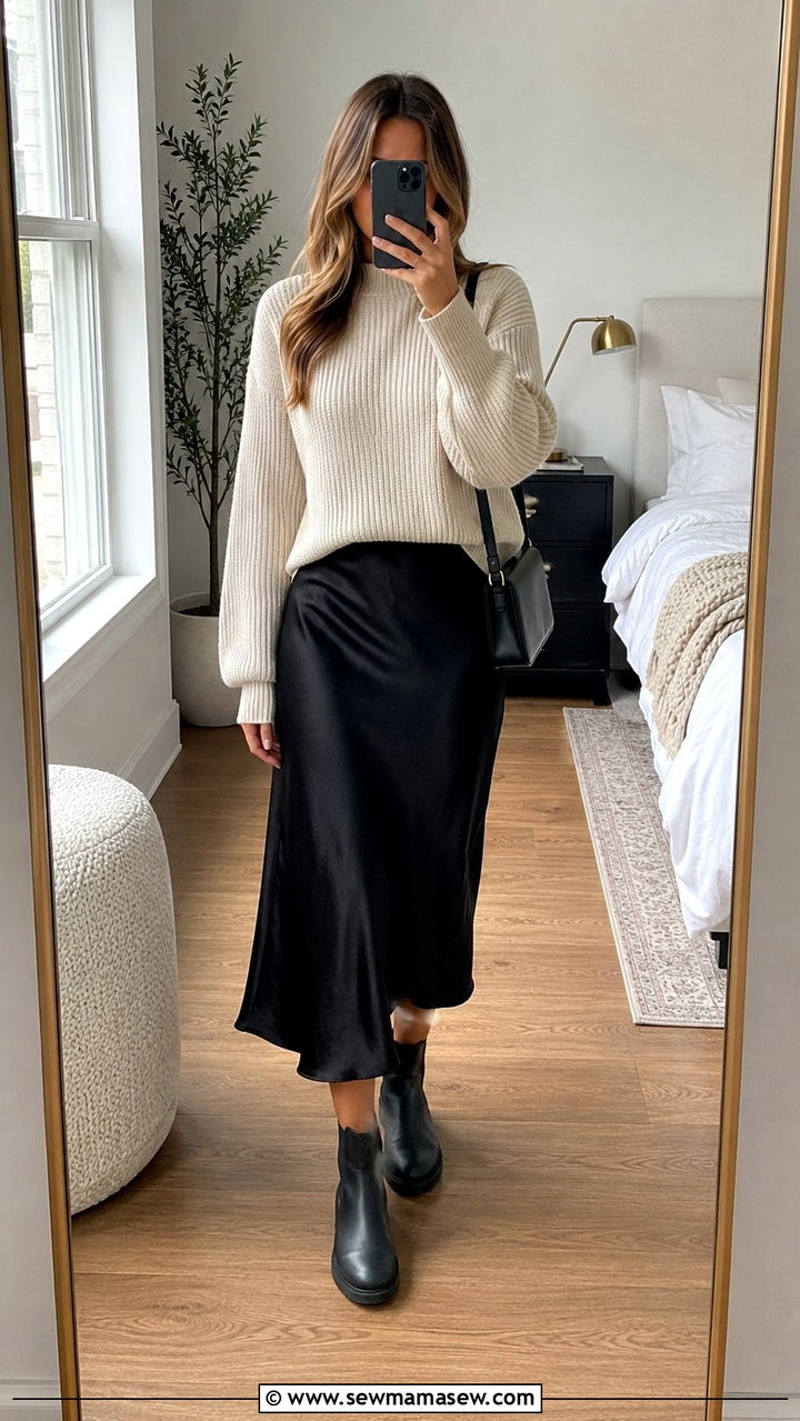 Black Satin Midi Skirt With Ribbed Knit Sweater and Chelsea Boots - 30 Satin midi skirt outfit ideas
