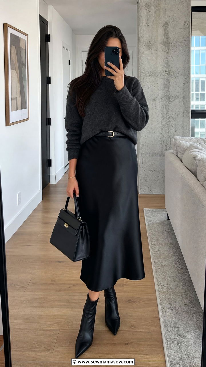 Black Satin Midi Skirt and Charcoal Sweater Outfit - 30 minimalist capsule wardrobe outfits