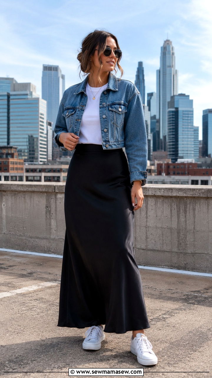 Black Satin Skirt With Cropped Denim Jacket and White Tee - 30 casual satin skirt outfits