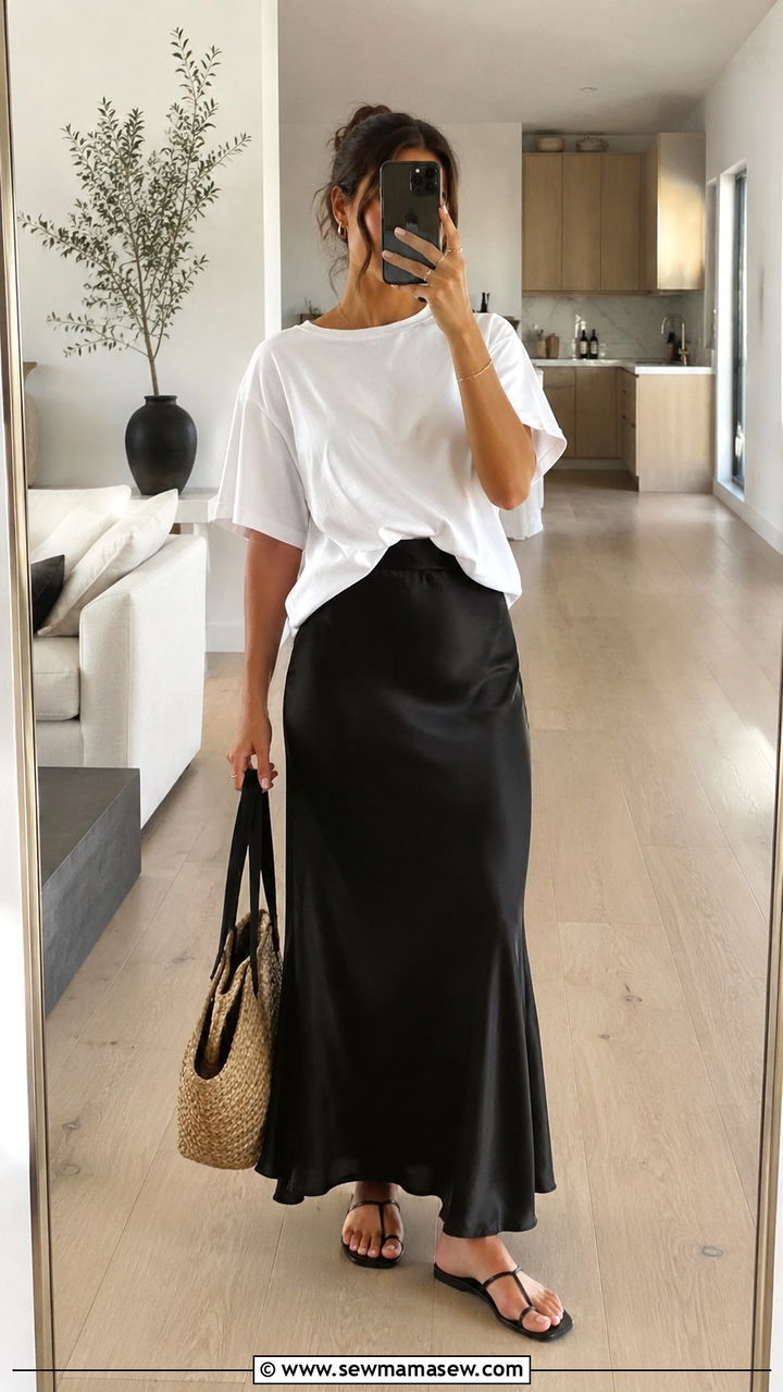 Black Satin Skirt With Oversized White Tee and Flat Sandals - 30 casual satin skirt outfits