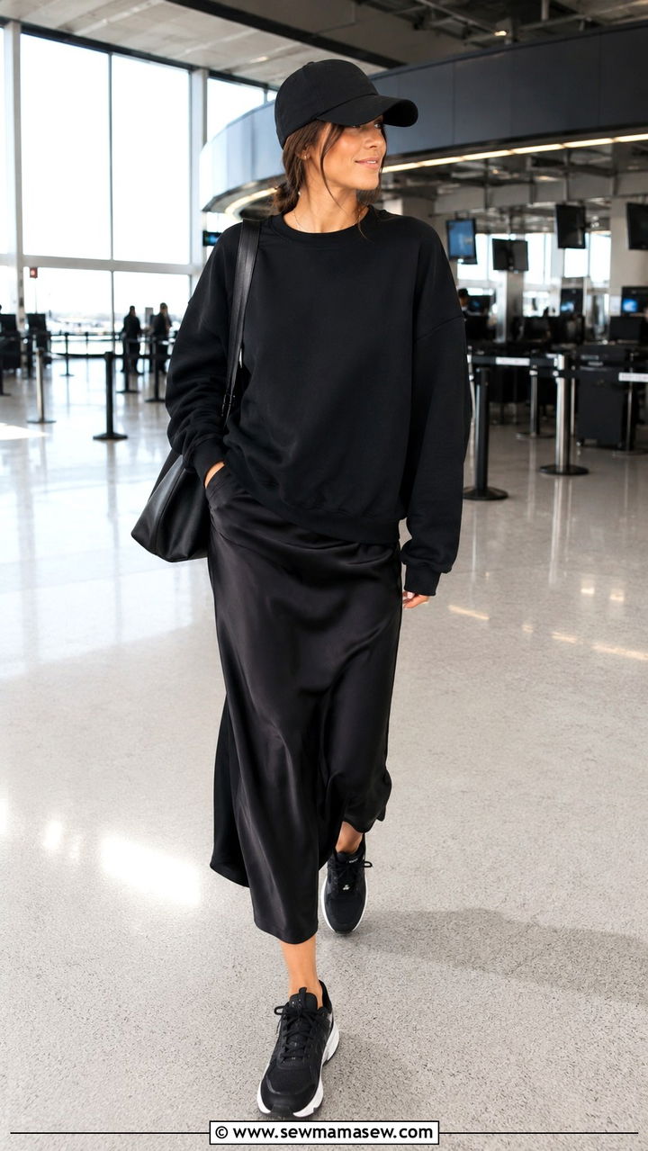 Black Satin Skirt With Sweatshirt and Cap - 30 casual satin skirt outfits