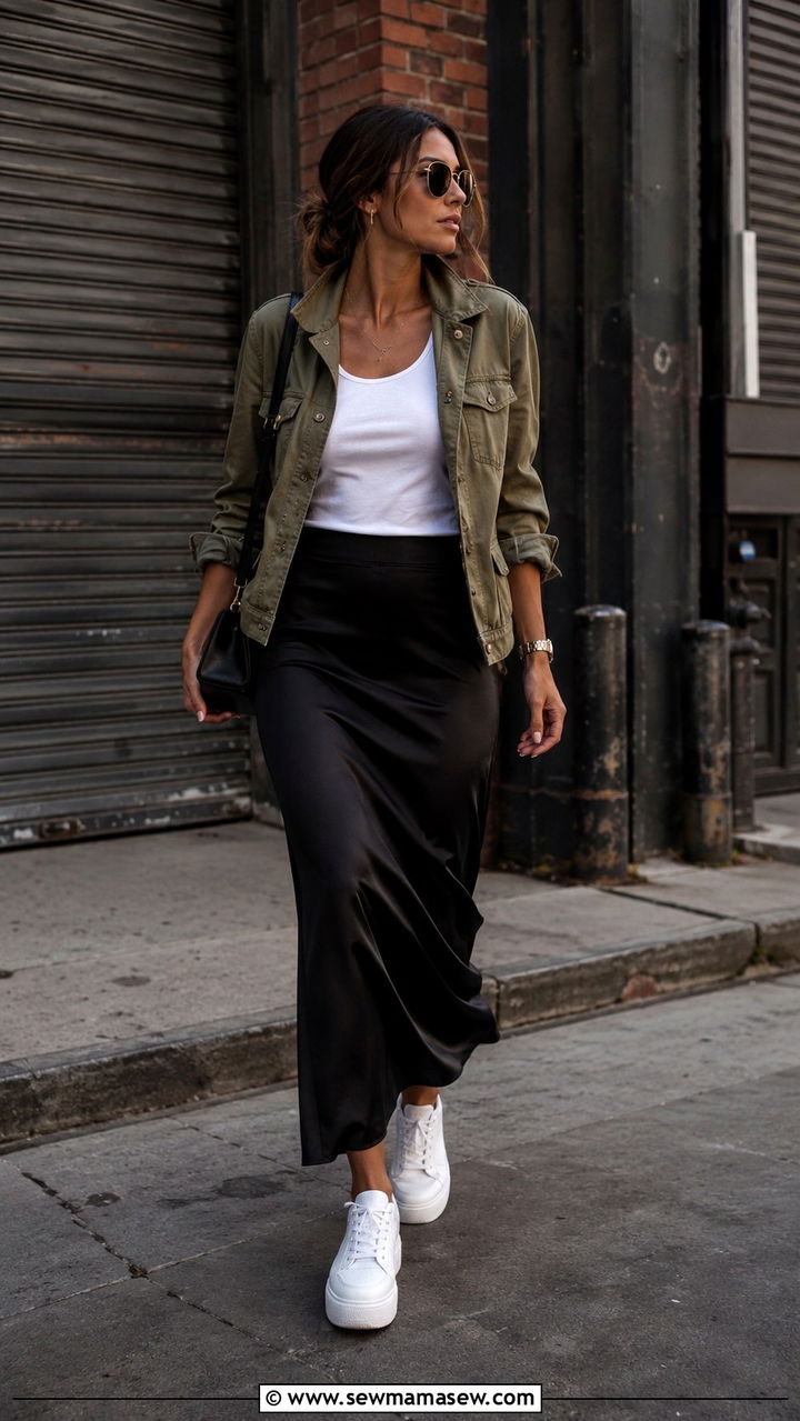 Black Satin Skirt With Utility Jacket and Platform Sneakers - 30 casual satin skirt outfits
