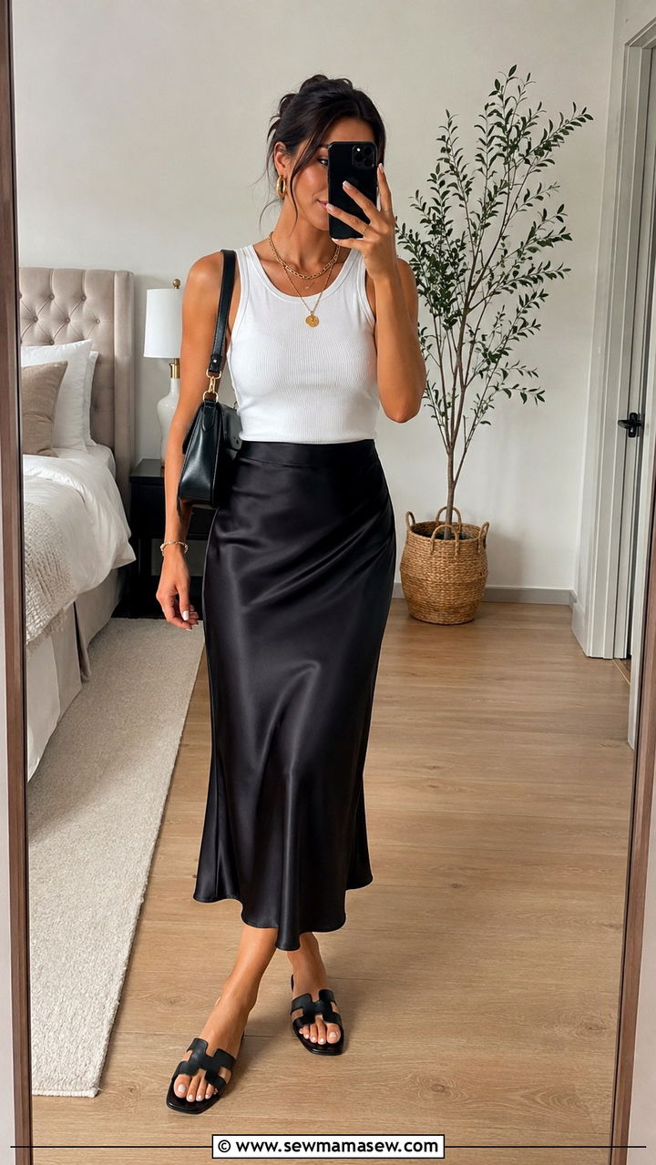 Black Satin Skirt With White Tank and Gold Jewelry - 30 how to style satin skirt