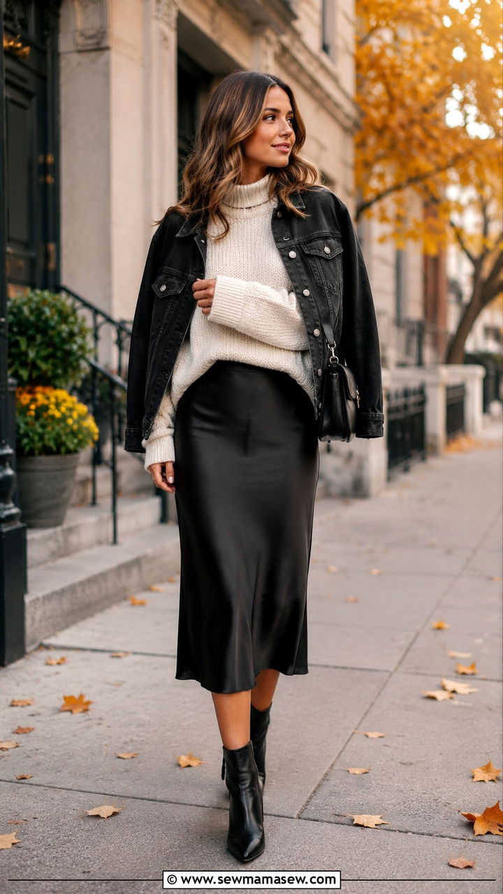 Black Satin Skirt With Wool Sweater and Denim Jacket - 30 casual satin skirt outfits