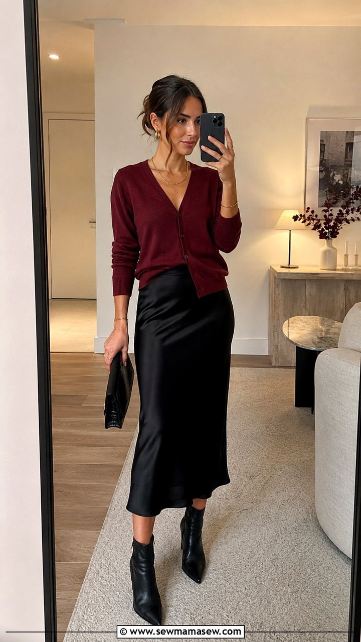 Black Satin Skirt with Burgundy Cardigan - 30 classy aesthetic outfits