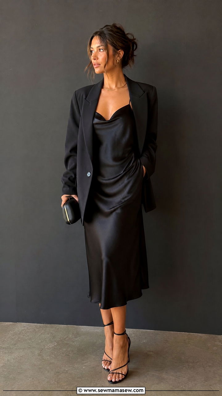 Black Satin Slip Dress With An Oversized Blazer And Heels - 40 Spring outfit ideas