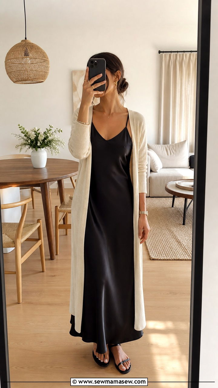 Black Satin Slip Dress with a Cream Cardigan - 40 Neutral outfit ideas