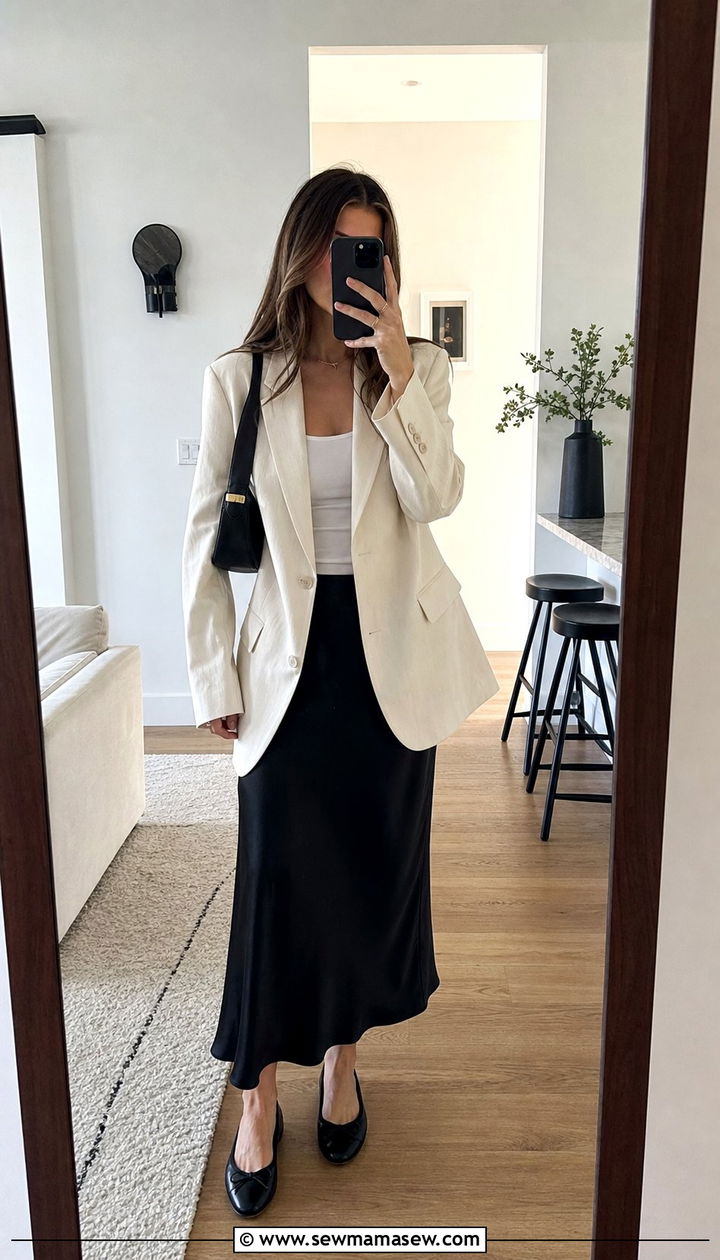 Black Satin Slip Skirt With Oversized Blazer And Ballet Flats - 25 spring satin skirt outfit ideas