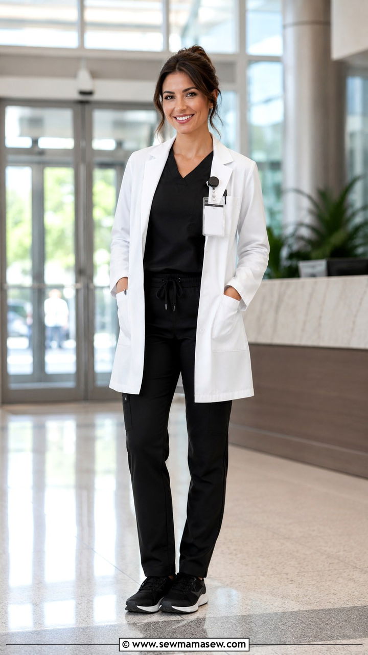Black Scrub Set With A White Lab Coat - 25 Nursing student outfit ideas