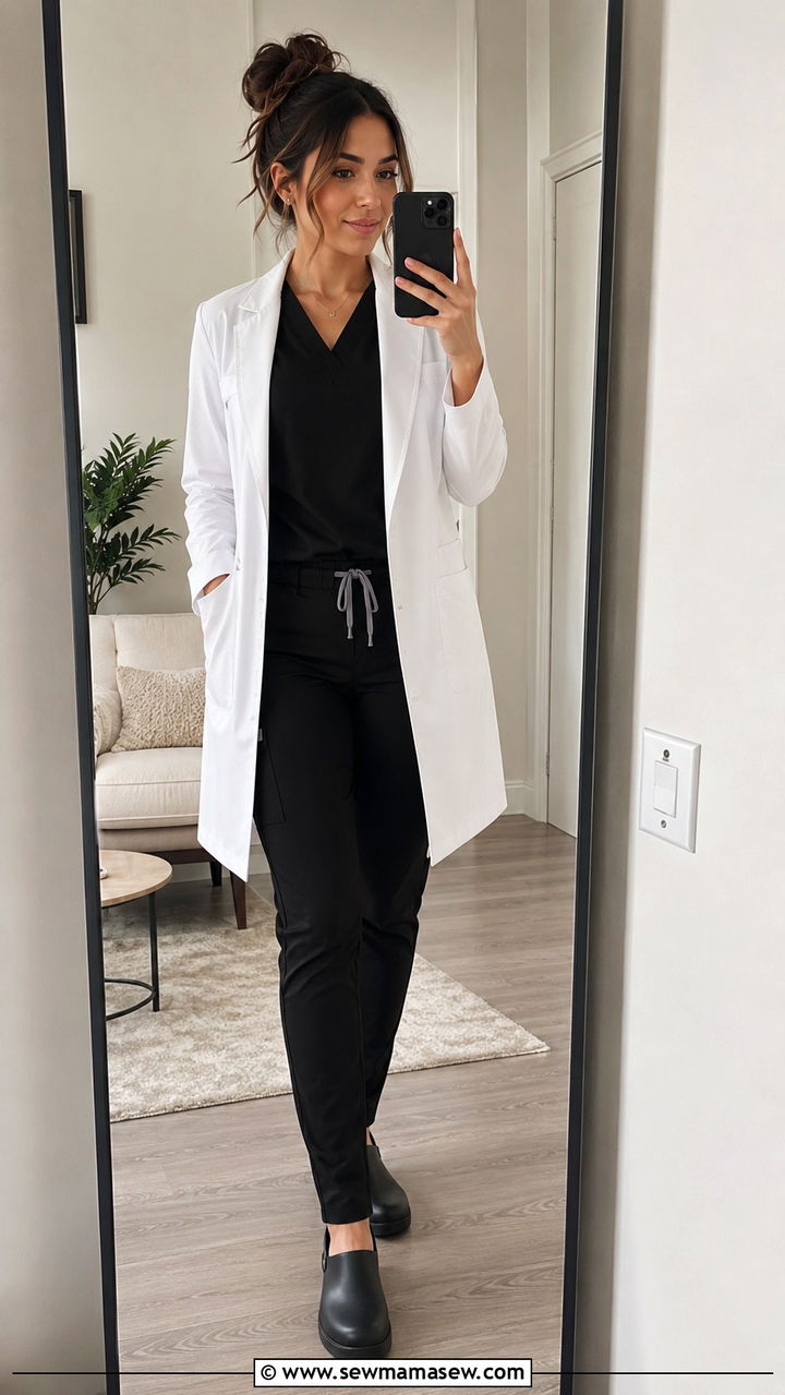 Black Scrub Set with White Lab Coat and Clogs - 25 Nurse practitioner outfit ideas