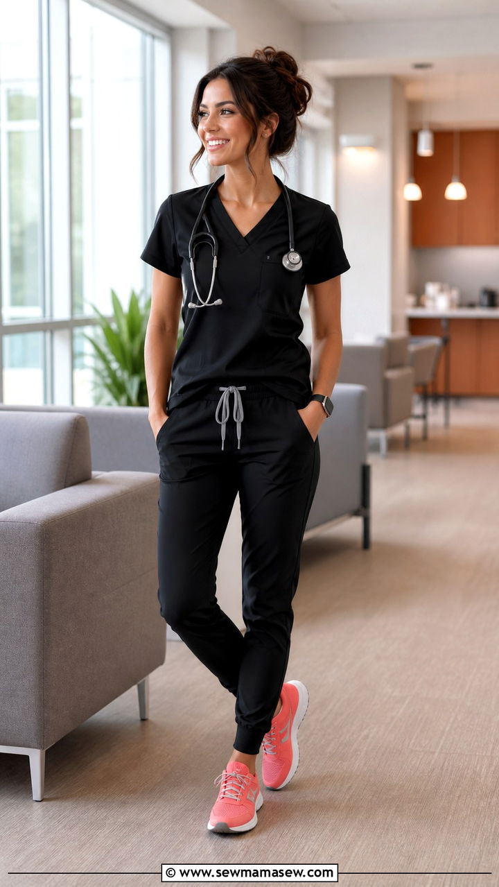 Black Scrubs With Bright Sneakers - 40 Nurse outfit ideas