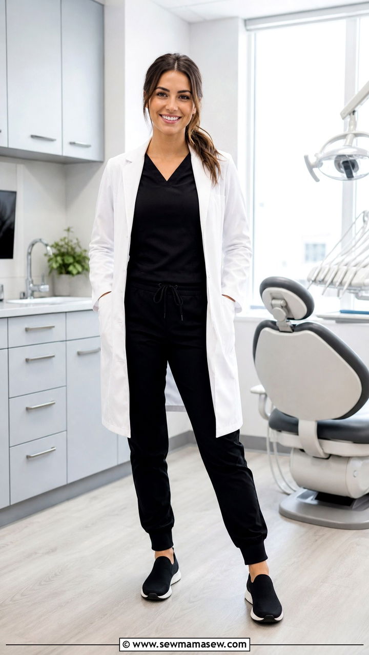 Black Scrubs With White Lab Coat - 40 Dentist outfit ideas