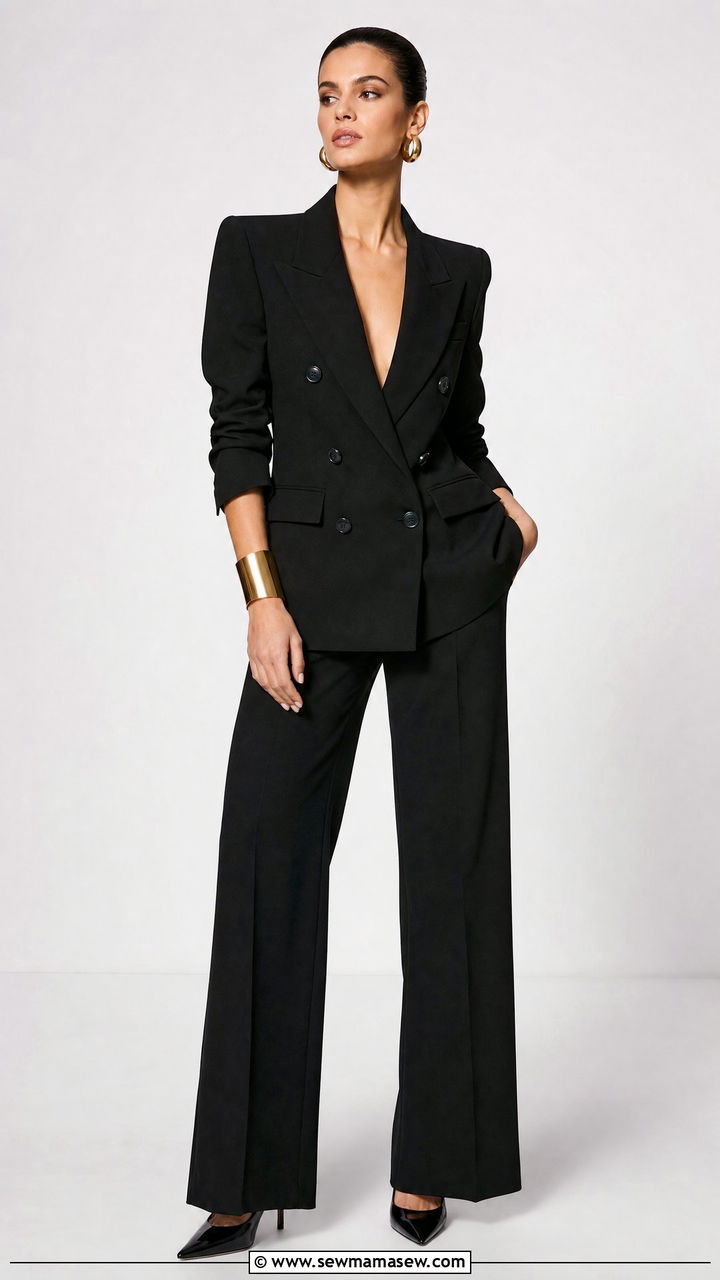 Black Sculpted Shoulder Suit With Chunky Gold Jewelry Outfit - 25 classy glamoratti outfits
