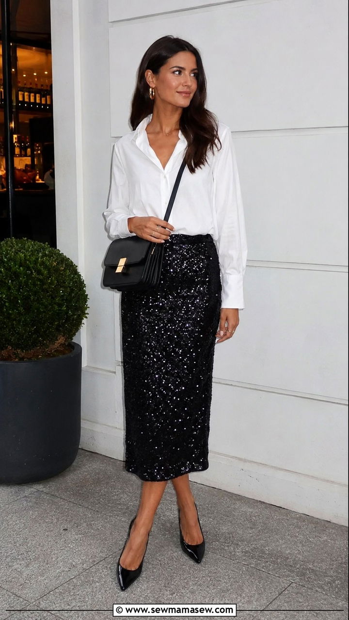 Black Sequin Skirt With White Button Up Shirt - 20 Sequin skirt outfit ideas 2026