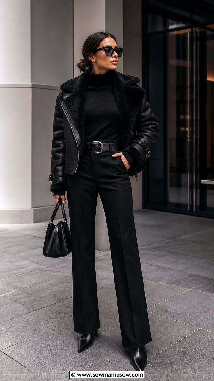 Black Shearling Jacket All Black Outfit - 40 Shearling jacket outfit ideas