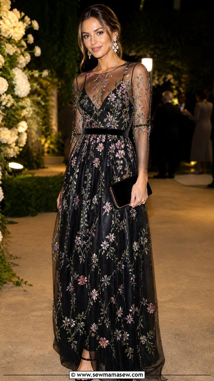 Black Sheer Overlay Gown With Embroidered Florals - 40 Gala outfit ideas