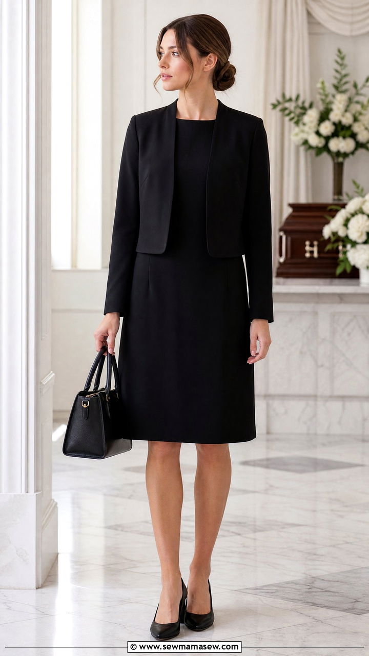 Black Shift Dress With Cropped Blazer - 25 Funeral outfits for summer