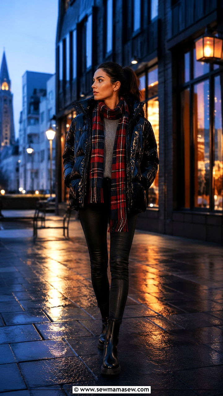 Black Shiny Puffer with Grey Sweater and Chelsea Boots - 30 Iceland outfit ideas