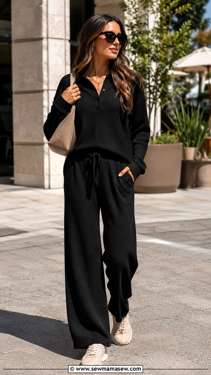 Black Short Sleeve Lounge Set With Wide Leg Pants - 25 Black loungewear set outfit ideas