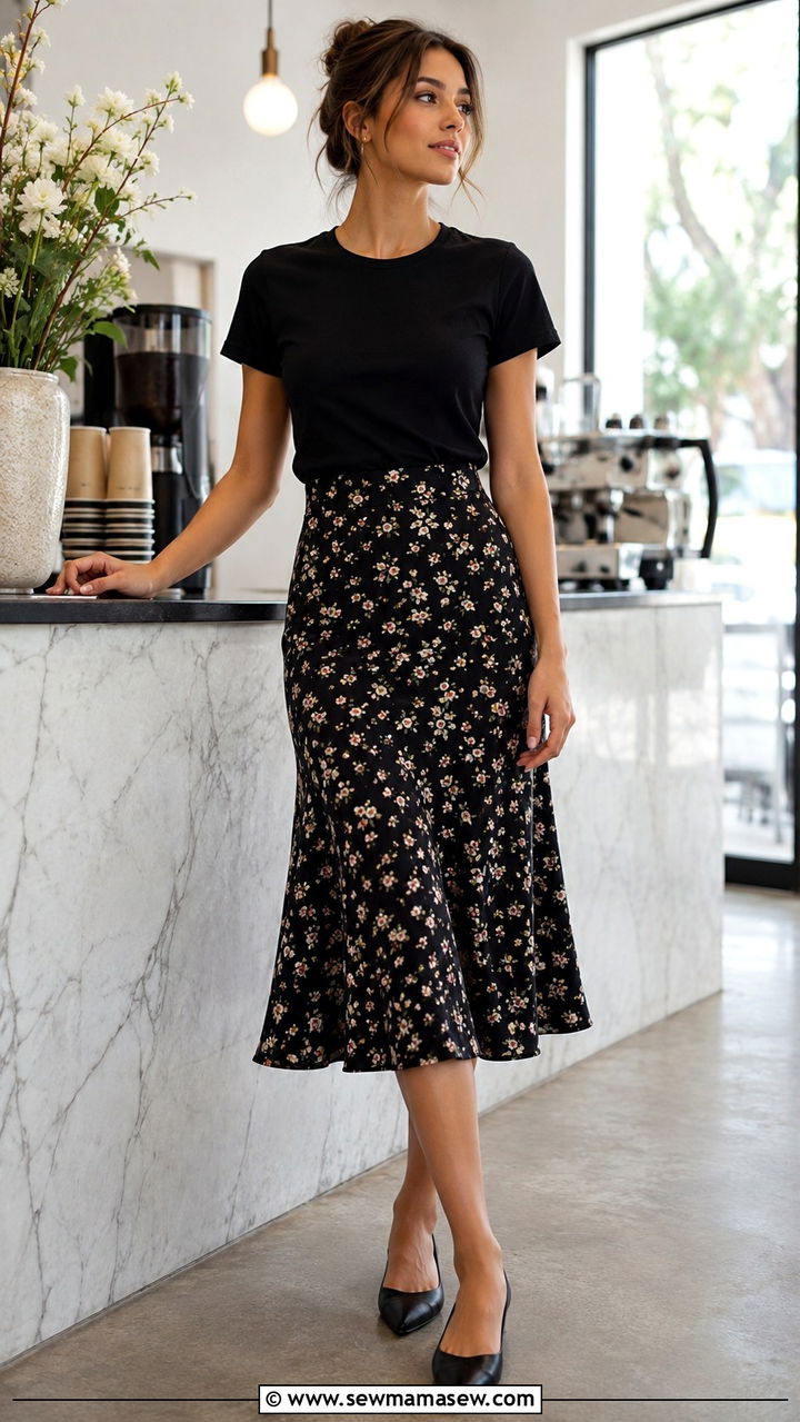 Black Short Sleeve Tee with Floral Midi Skirt and Comfortable Flats - 30 Spring outfit ideas for barista